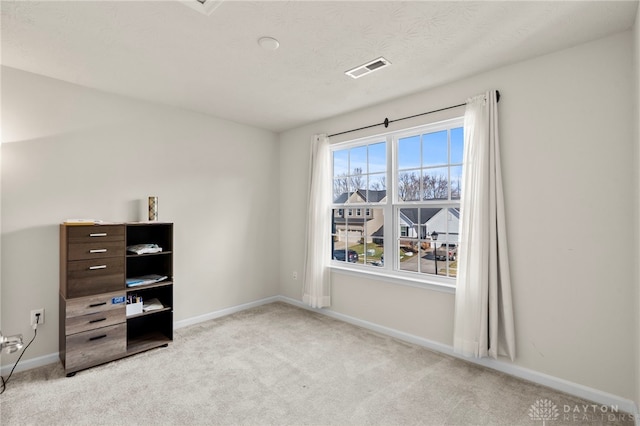 interior space featuring light carpet and a textured ceiling