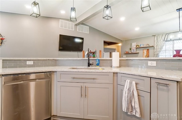 kitchen with vaulted ceiling with beams, decorative backsplash, gray cabinets, and stainless steel dishwasher