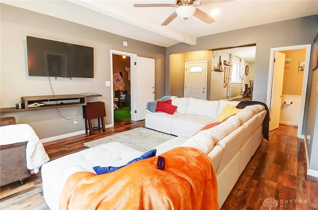 living room featuring dark wood-type flooring, ceiling fan, and beam ceiling