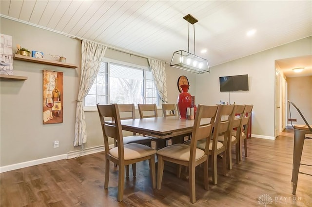 dining space with lofted ceiling, dark hardwood / wood-style flooring, and wooden ceiling