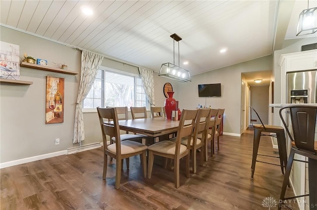 dining space with wood ceiling, lofted ceiling, and dark hardwood / wood-style floors