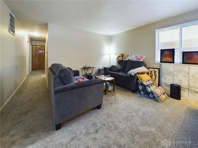 living room featuring carpet floors and a textured ceiling