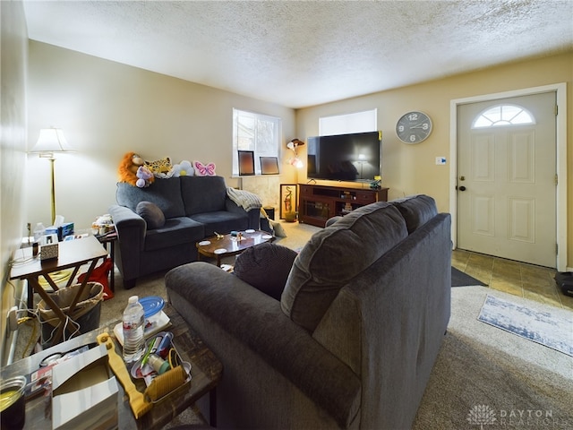 carpeted living room featuring a textured ceiling