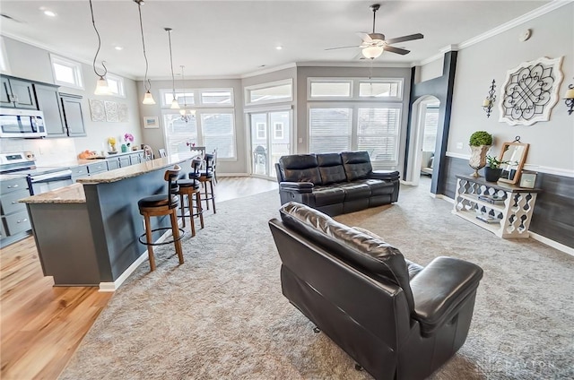 living room with crown molding, ceiling fan with notable chandelier, and light hardwood / wood-style flooring