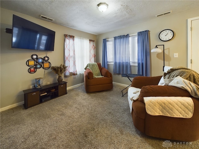 living area with a textured ceiling and carpet flooring