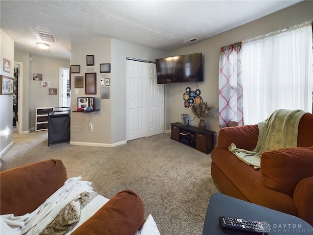 carpeted living room with a textured ceiling