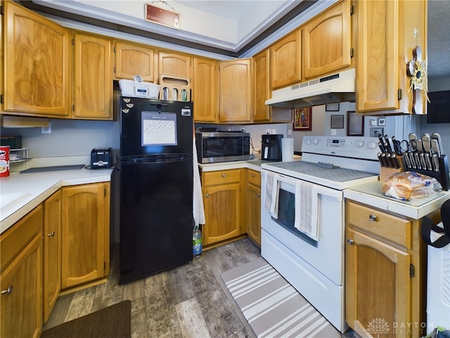 kitchen featuring black refrigerator, dark hardwood / wood-style flooring, and white electric range oven