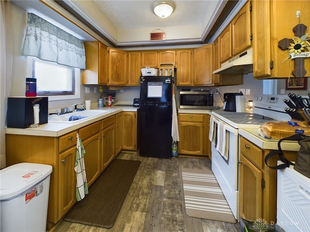 kitchen with sink, black fridge, a textured ceiling, dark hardwood / wood-style floors, and white electric stove