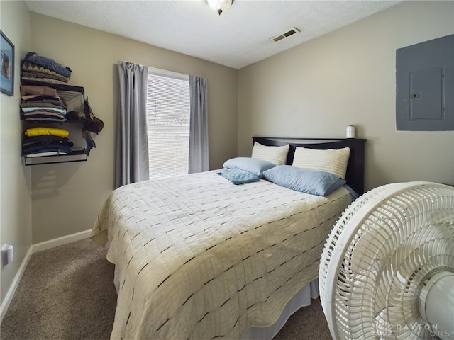 bedroom with electric panel and dark carpet