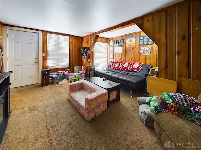 living room featuring carpet floors and wooden walls