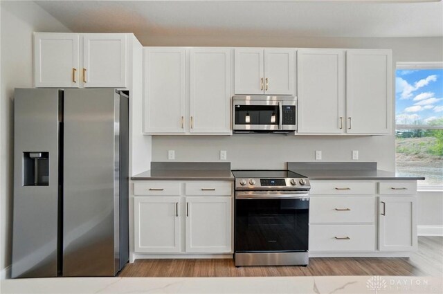 1507 Kingsgate, Springfield, OH 45502 - kitchen featuring stainless steel appliances, light wood-type flooring, white cabinets, and dark countertops