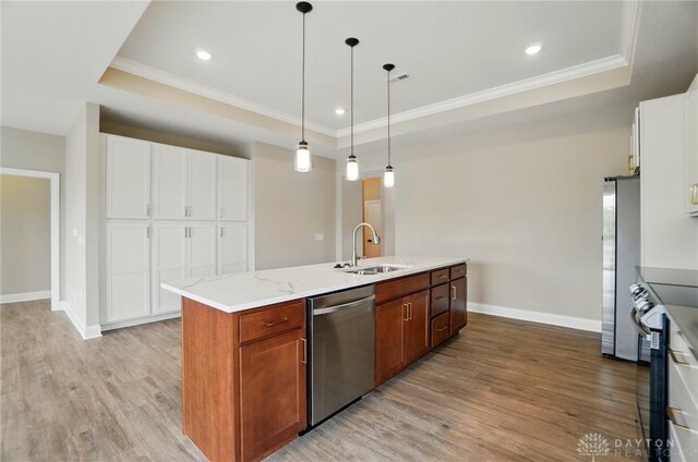 1507 Kingsgate, Springfield, OH 45502 - kitchen featuring appliances with stainless steel finishes, a sink, a raised ceiling, light wood-style flooring, and ornamental molding