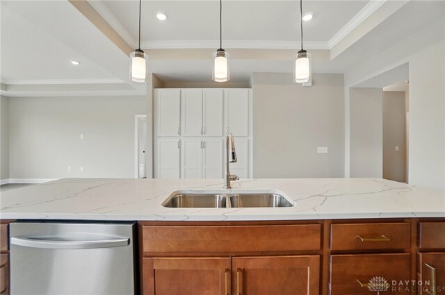 1507 Kingsgate, Springfield, OH 45502 - kitchen with dishwasher, a sink, ornamental molding, hanging light fixtures, and light stone counters