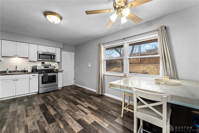 kitchen featuring backsplash, stainless steel appliances, dark hardwood / wood-style floors, and white cabinets