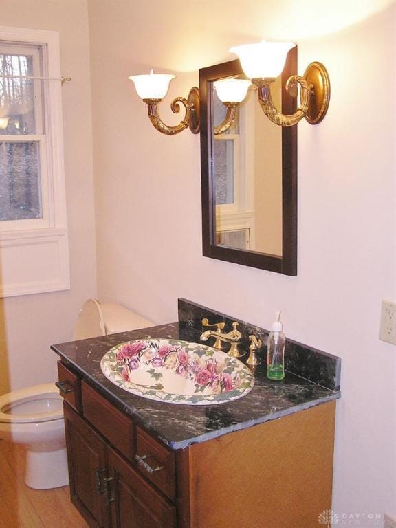 bathroom featuring vanity, hardwood / wood-style flooring, and toilet