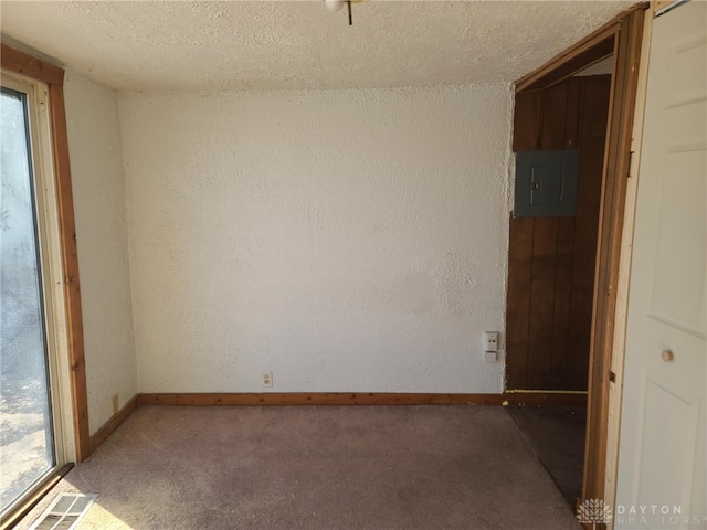 spare room featuring electric panel, a textured ceiling, and carpet flooring