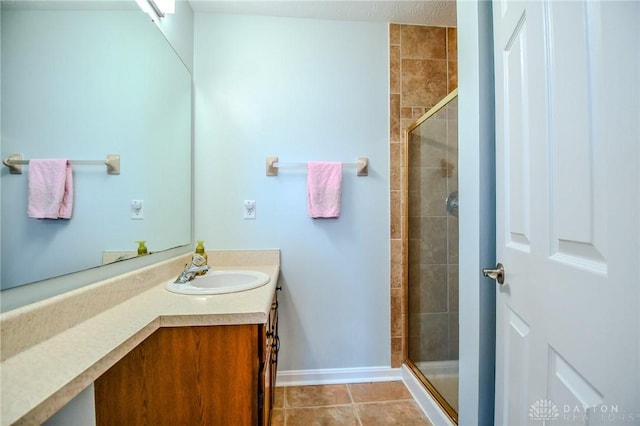 bathroom featuring vanity, an enclosed shower, and tile patterned floors