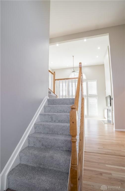 staircase with hardwood / wood-style floors