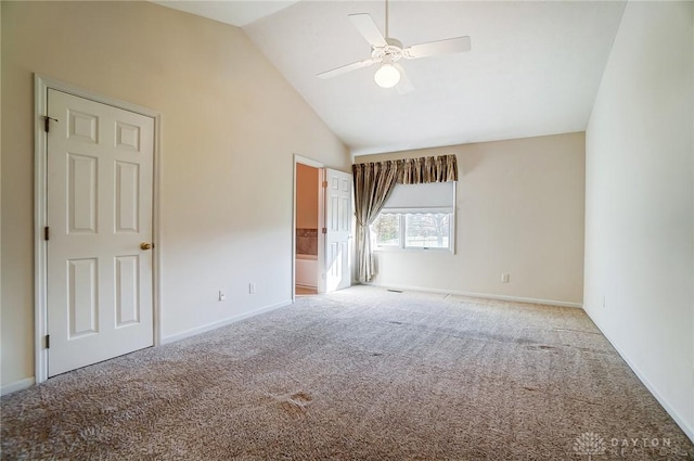 unfurnished room with light carpet, high vaulted ceiling, and ceiling fan