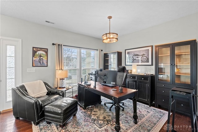 office with dark hardwood / wood-style floors