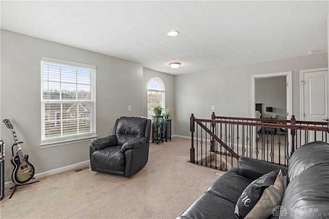 sitting room featuring light carpet and a textured ceiling