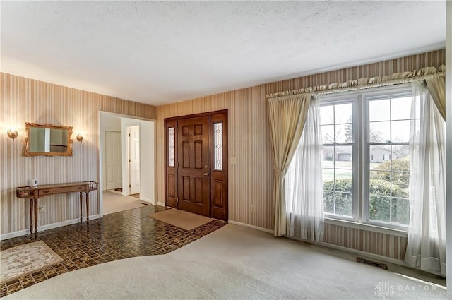 entrance foyer featuring a textured ceiling, carpet floors, and plenty of natural light