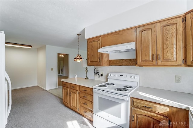 kitchen with light colored carpet, hanging light fixtures, white electric range, and refrigerator