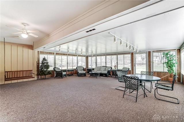 sunroom / solarium with ceiling fan, a wealth of natural light, and track lighting