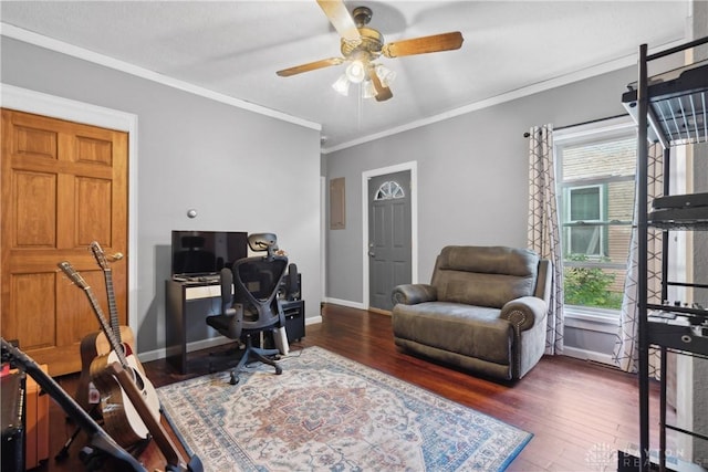 office with dark hardwood / wood-style flooring, crown molding, a wealth of natural light, and ceiling fan