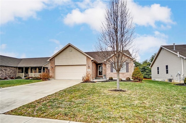 single story home featuring a garage, central AC unit, and a front yard