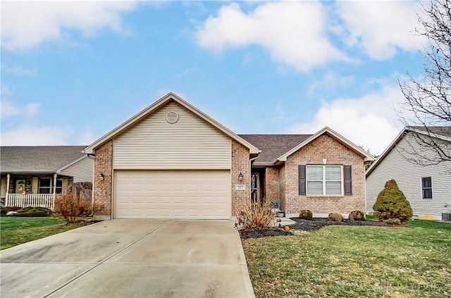 ranch-style home with a garage and a front yard