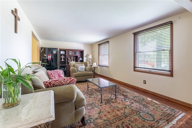 living area featuring plenty of natural light, wood finished floors, and baseboards