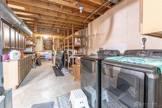 unfinished below grade area with washing machine and dryer