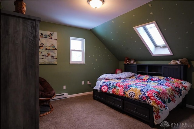 carpeted bedroom featuring a baseboard radiator and lofted ceiling with skylight