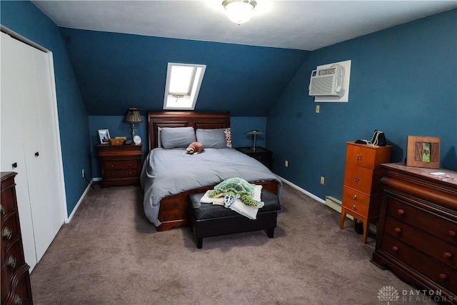 bedroom featuring light carpet, lofted ceiling, an AC wall unit, and baseboard heating