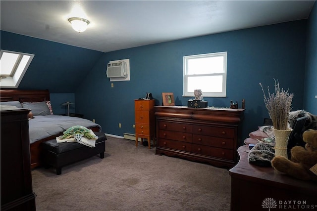 carpeted bedroom with lofted ceiling with skylight and a wall unit AC