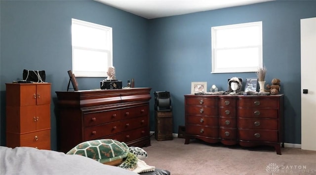 bedroom with light carpet