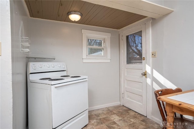 kitchen with wood ceiling and white range with electric stovetop