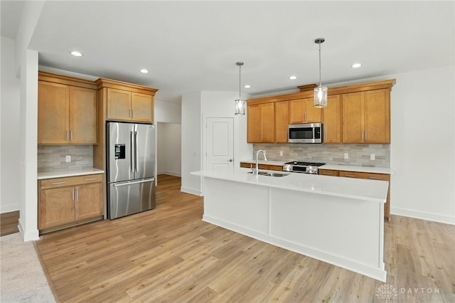 300 Grassy Creek Way, Washington Twp, OH 45458 - kitchen featuring appliances with stainless steel finishes, a sink, backsplash, light wood-type flooring, and recessed lighting