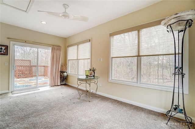 unfurnished sunroom with carpet floors and ceiling fan