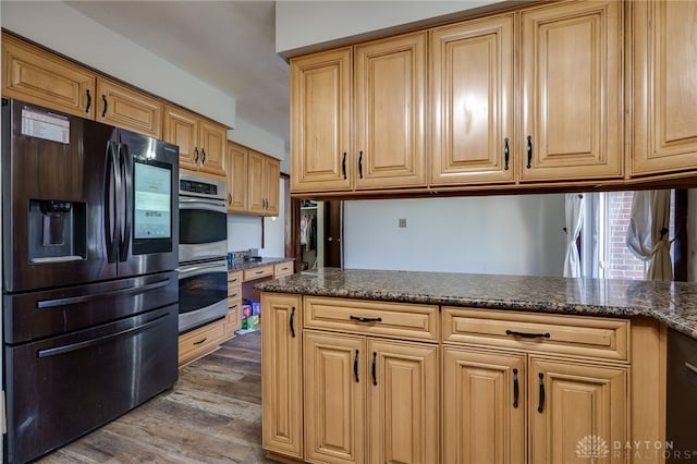 kitchen featuring stainless steel appliances, hardwood / wood-style floors, and dark stone counters