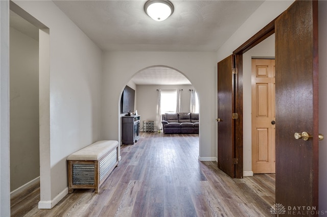 corridor with hardwood / wood-style flooring