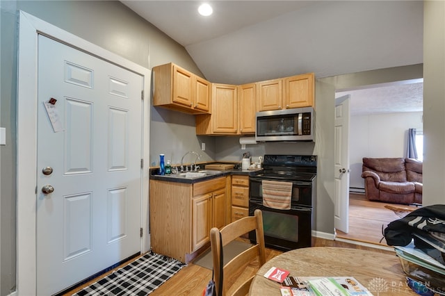 kitchen featuring lofted ceiling, sink, double oven range, wood-type flooring, and light brown cabinetry