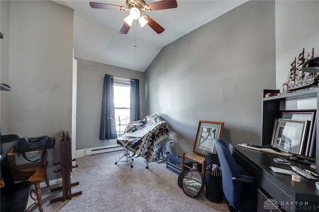 office space featuring carpet floors, a baseboard heating unit, vaulted ceiling, and ceiling fan