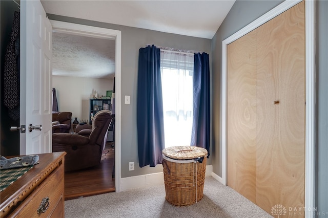 interior space with light colored carpet and a textured ceiling