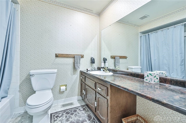 full bathroom with vanity, ornamental molding, shower / bath combination with curtain, tile patterned floors, and toilet