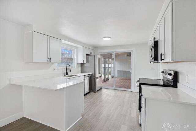 kitchen with appliances with stainless steel finishes, white cabinetry, sink, kitchen peninsula, and light wood-type flooring