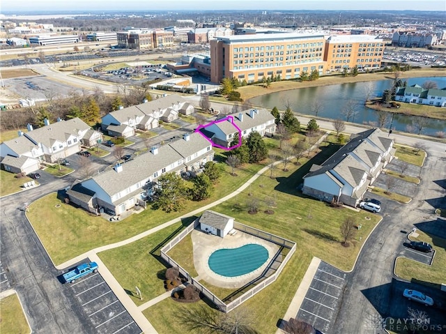 drone / aerial view with a water view