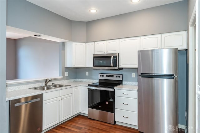 kitchen with white cabinetry, sink, dark hardwood / wood-style floors, and appliances with stainless steel finishes