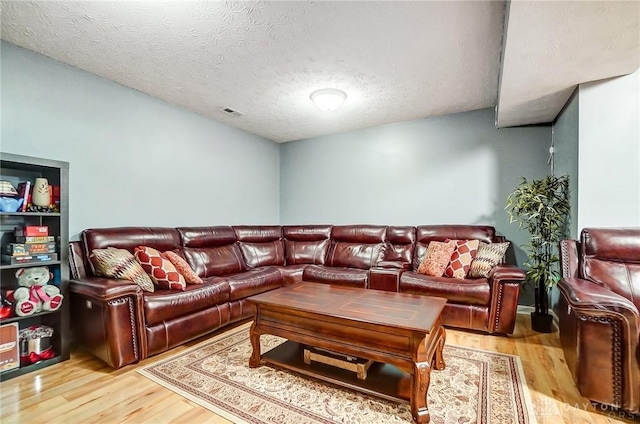 living room with light hardwood / wood-style flooring and a textured ceiling